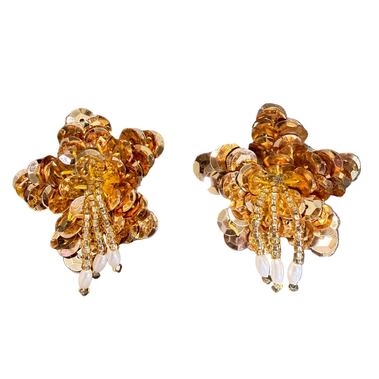 Star Applique Pair - Gold Sequins -  Beaded Fringe - Pearls 1.75"