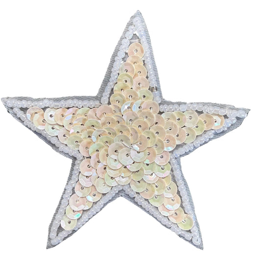Star Appliqué - Iridescent Cream Sequins - White Glass Beads 3"