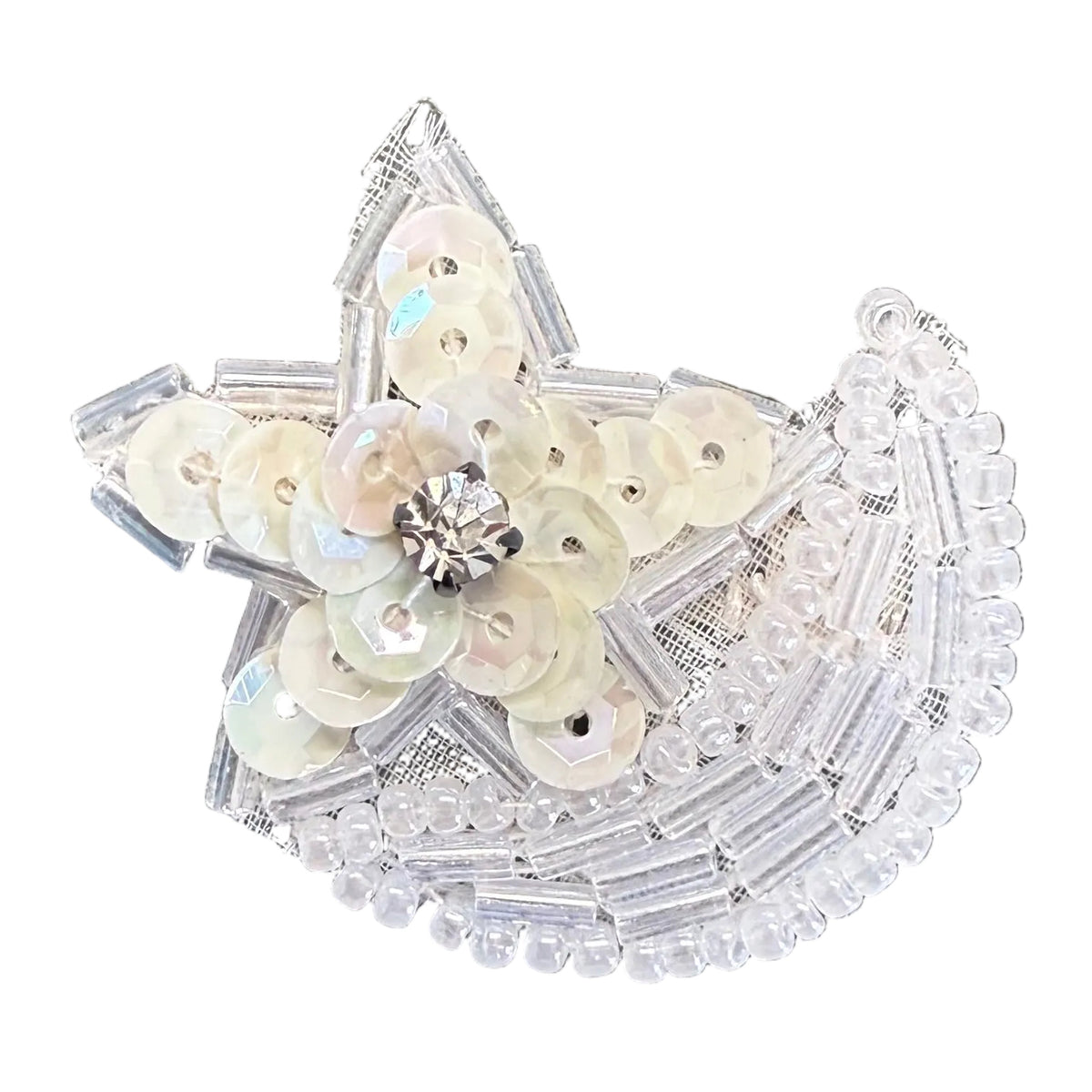 Star Half Moon Appliqué - Iridescent Cream Sequins - Bugle and Glass Beads -Rhinestone  1.25"