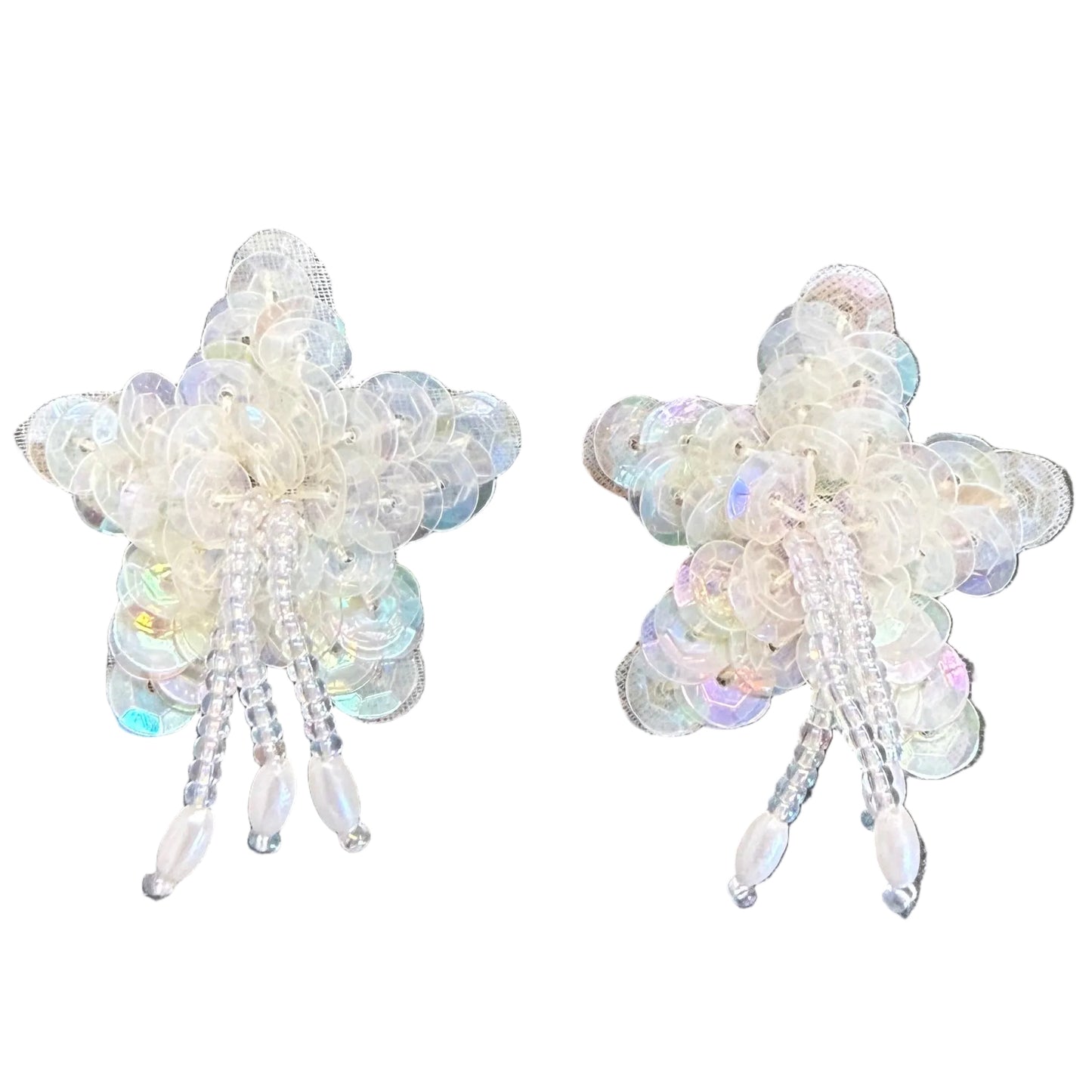 Star Pair Appliqué - Iridescent Sequins - Beaded Fringe - Pearl 1.75"