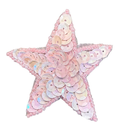 Star Appliqué - Iridescent Pink Sequins - Pink Glass Beads 2.5"