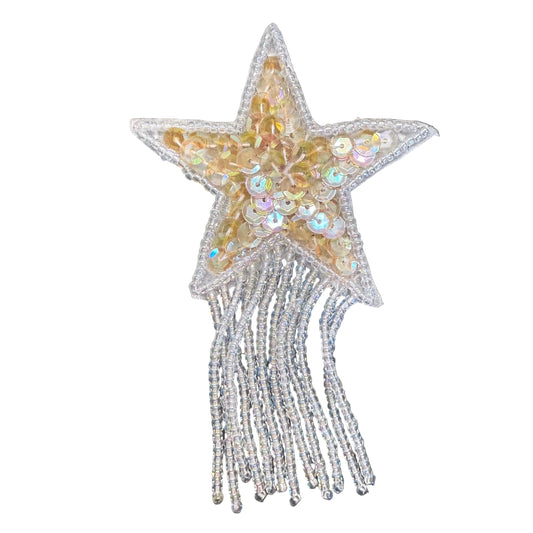Star Appliqué with Fringe - Iridescent Beige Sequins - Glass Beads - Pre-Glued Backing 4" x 2.5"