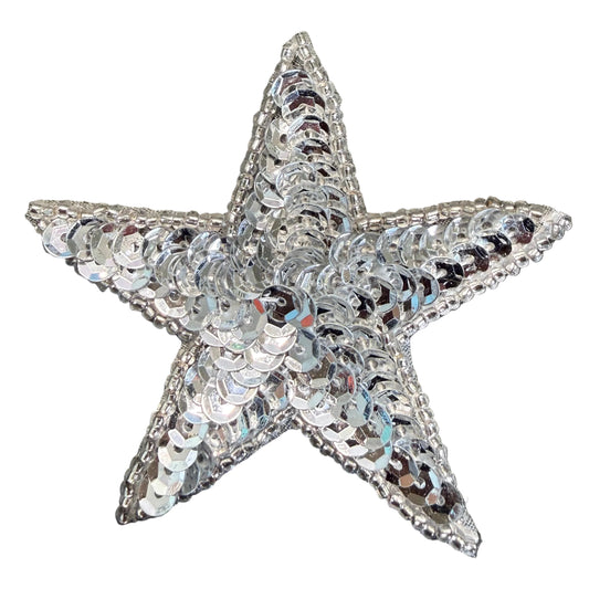Star Appliqué - Silver Sequins - Silver Glass Beads 2.75"