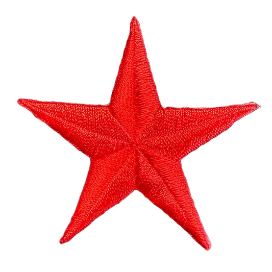 A red embroidered star patch with a textured, stitched appearance, isolated on a white background.