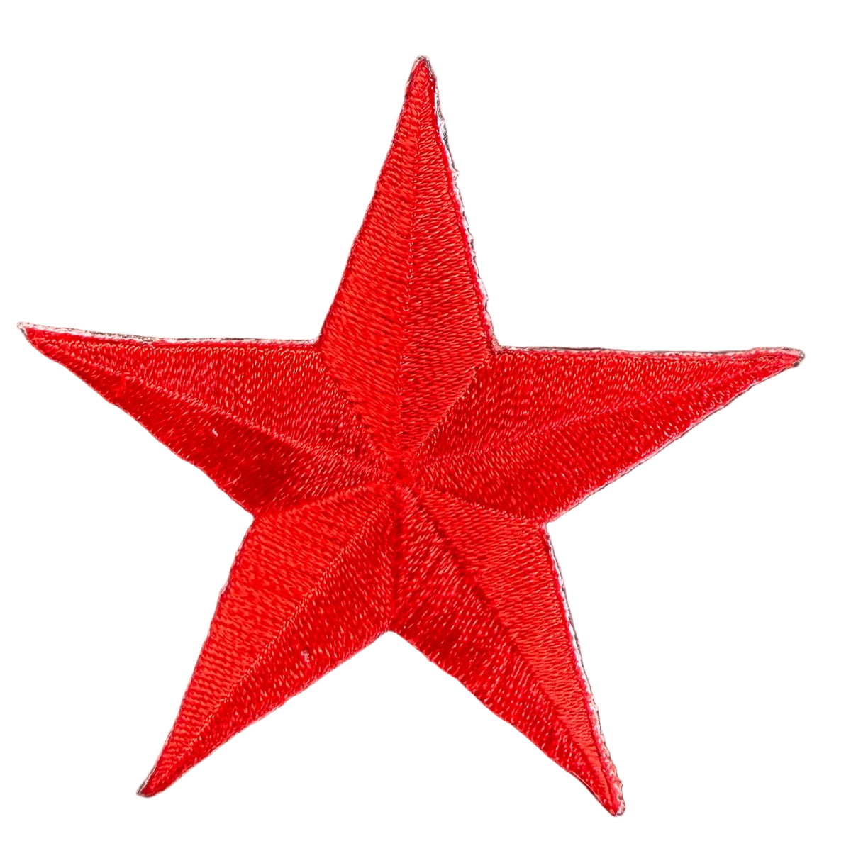 A bright red embroidered five-pointed star patch on a plain white background.