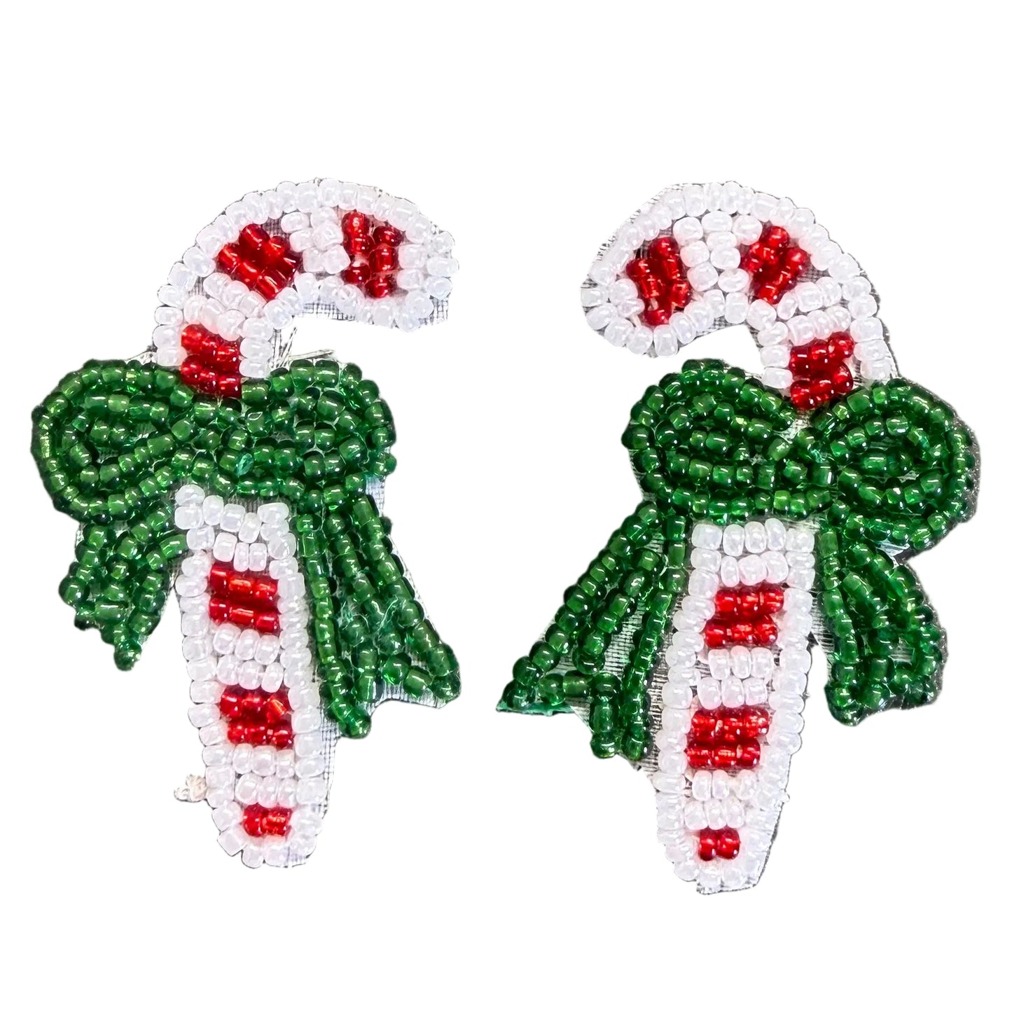 Christmas Candy Cane Appliqué - Pair or Single Pre-Glued Backing - Glass Beads 2" x 1.5"