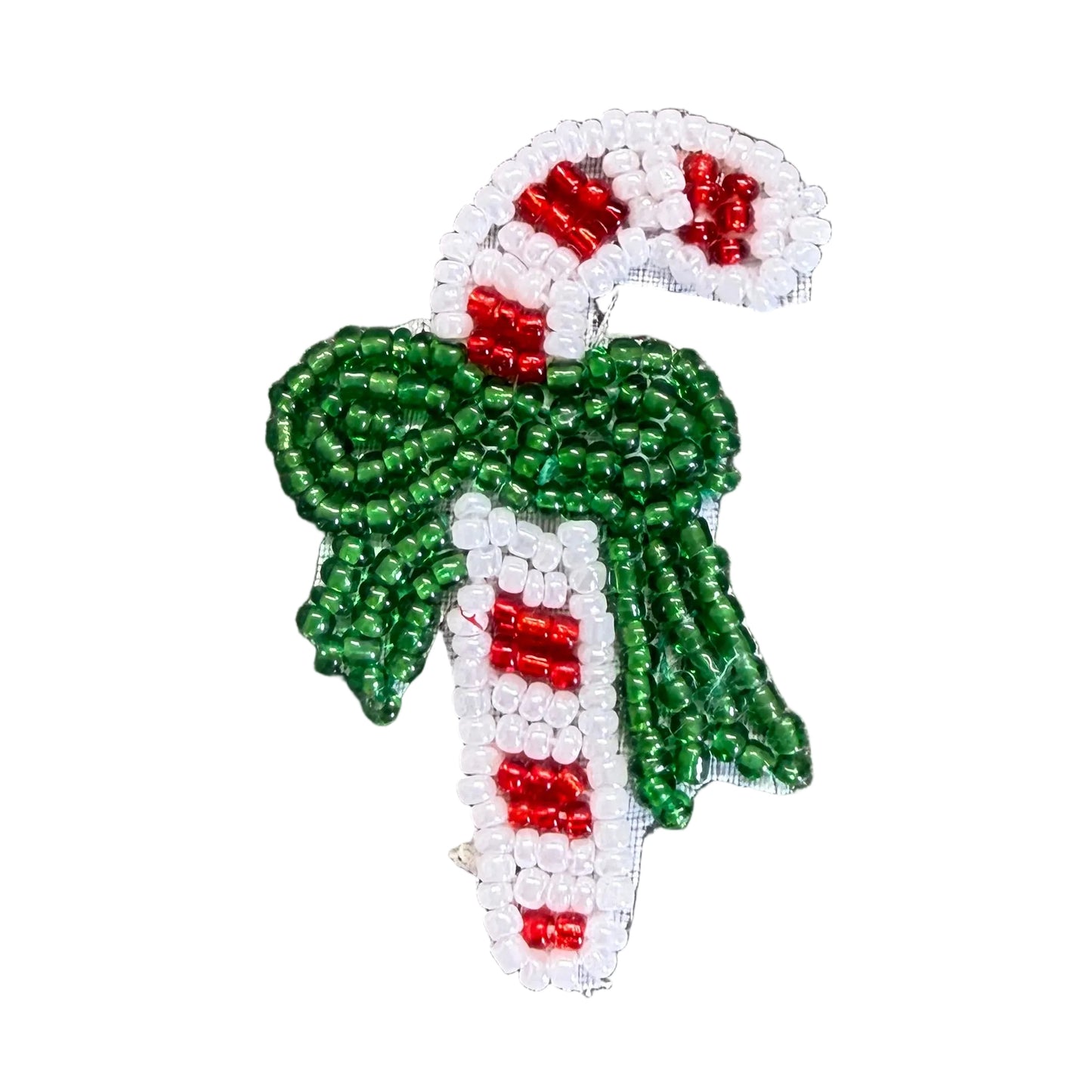 Christmas Candy Cane Appliqué - Pair or Single Pre-Glued Backing - Glass Beads 2" x 1.5"