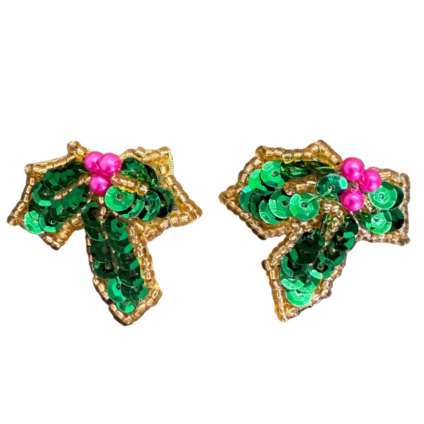 Christmas Holly Earring Appliqué Pair - Green Sequins - Pink Pearl Berries 1.5"