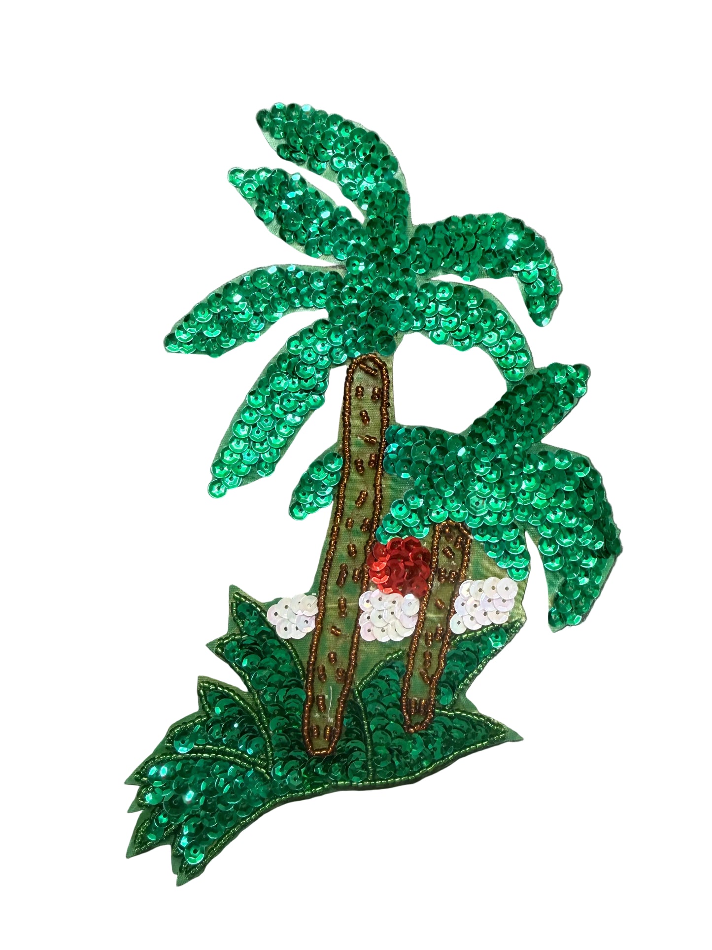 Palmera y atardecer con lentejuelas verdes, bronce, rojas y beige con cuentas verdes y bronce 7" x 5.5"