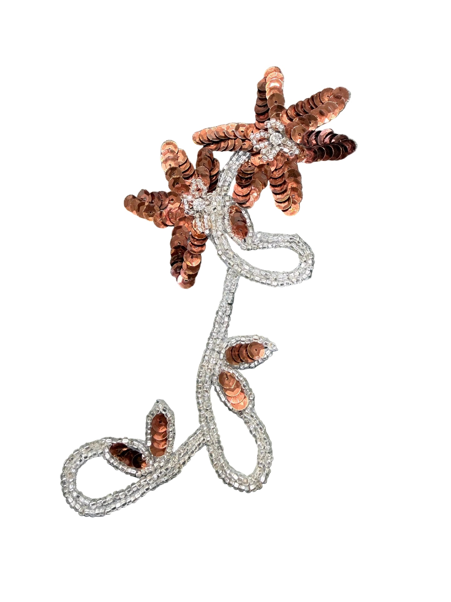 Par de flores con lentejuelas de bronce y cuentas de plata con diamantes de imitación de 8” x 3”