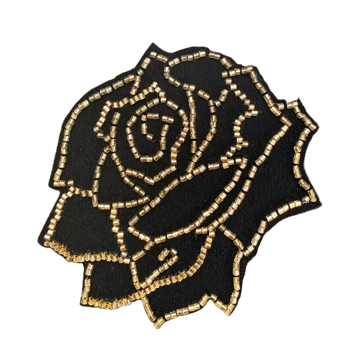 Black Rose Appliqué - Gold Glass Beads on Black Satin Embroidery 3.5" x 3.5"