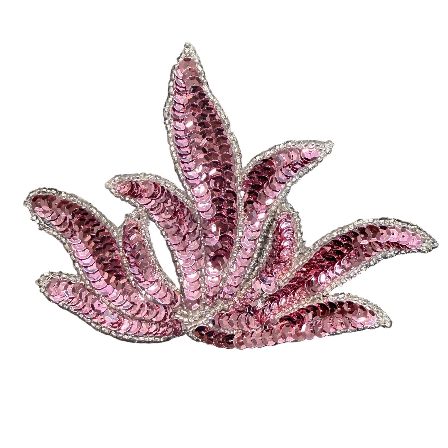 Pink Sequin Lotus Fan Appliqué - Silver Seed Beads - Mauve Rose 4.5" x 6"