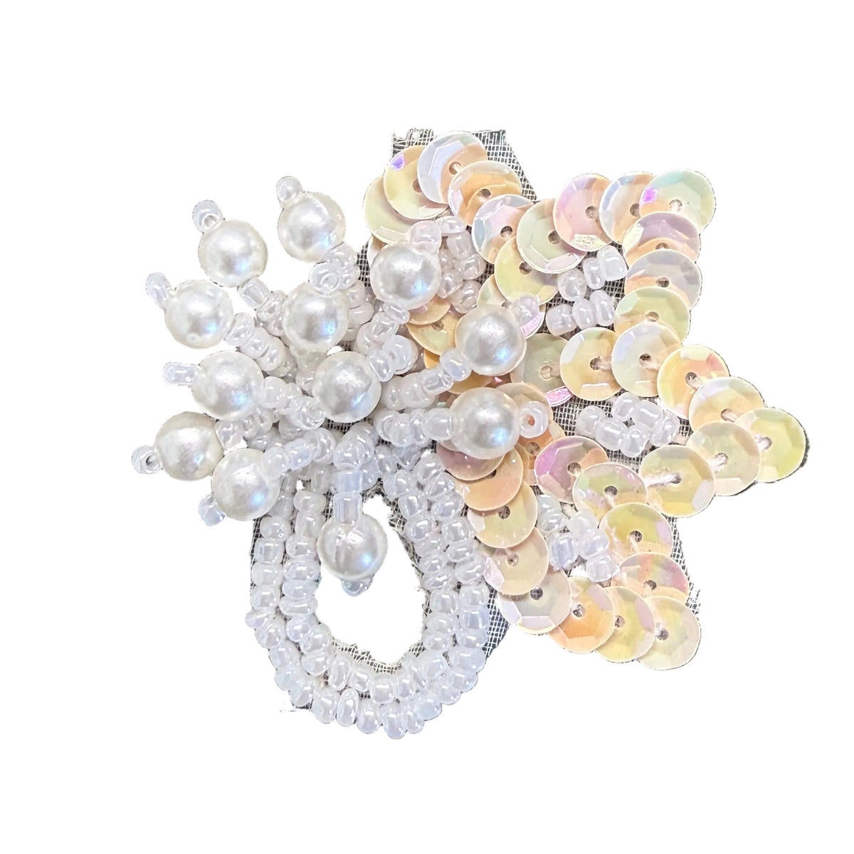 Beige Sequin Flower Epaulet Appliqué Pair with White Pearls 1.75"