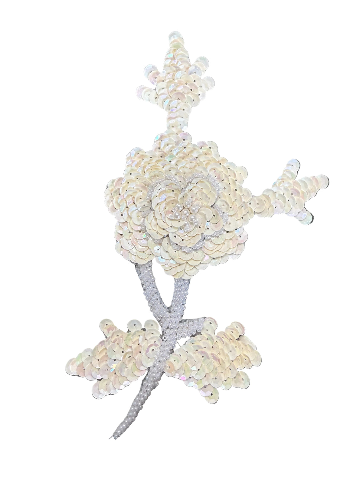 Floral Appliqué – Ivory or Off-White Sequins & Silver Glass Beads | 7" × 4"