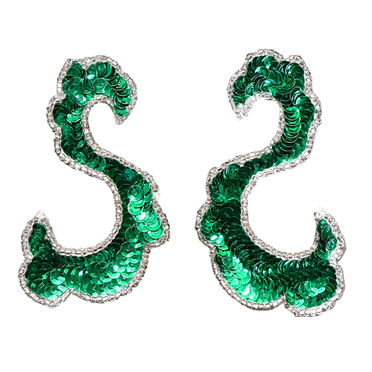 A pair of sequined letter 'S' patches in vibrant green with silver beaded trim, shown on a plain white background.