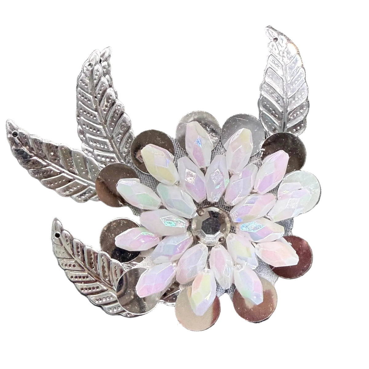 Flower Appliqué - Silver Sequins - Iridescent Beads - Silver Leaf - Rhinestone 3" x 3"
