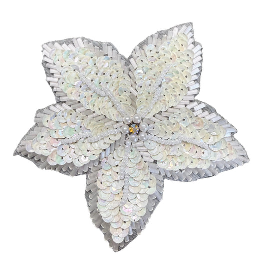Flor con lentejuelas crema y pedrería AB 4"