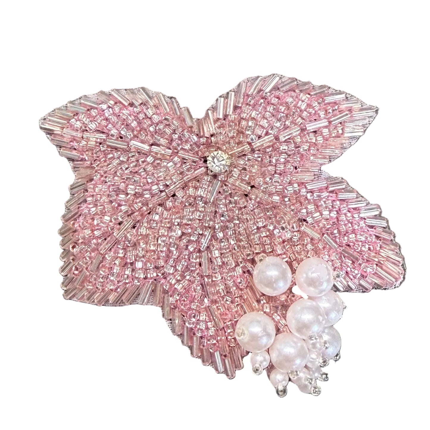 Iridescent Pink Beaded Leaf Epaulet - Bugle, Glass, And Pearls Beads - Center Rhinestone 3" x 3"