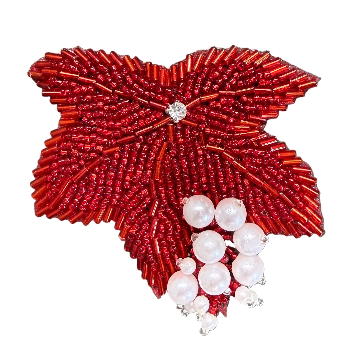 Red Beaded Leaf Epaulet - Bugle, Glass and Pearl Beads - Center Rhinestone 3" x 3"