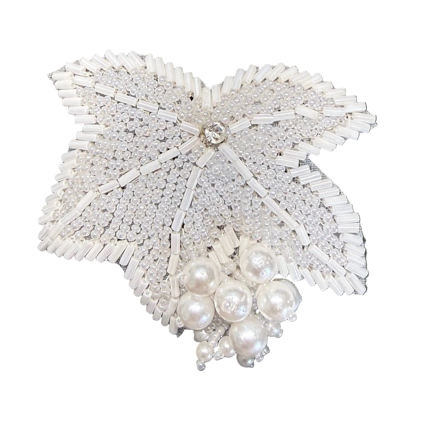 White Beaded Leaf Epaulet - Bugle, Glass, and Pearl Beads - Center Rhinestone 3" x 3"