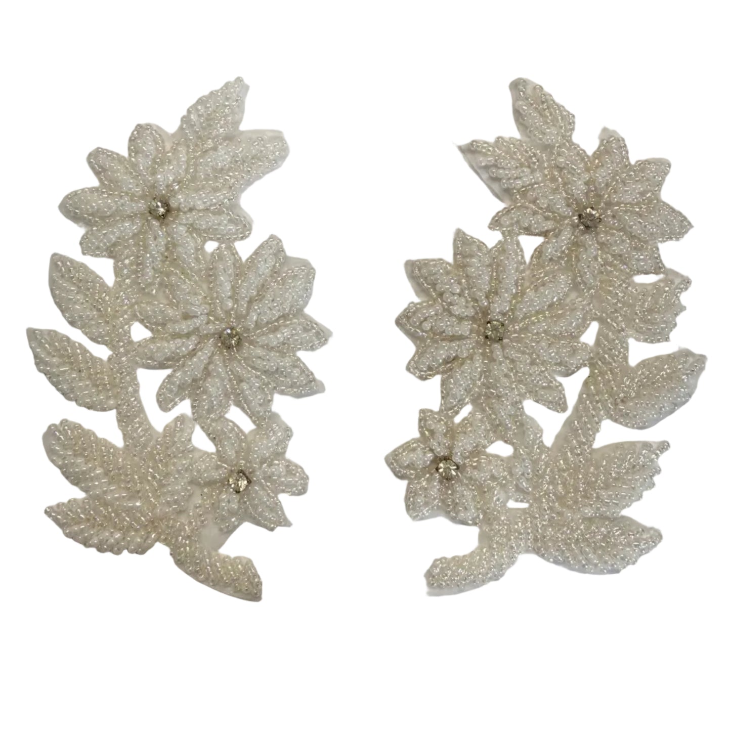 Beaded Floral Appliqué – White Glass Beads & Rhinestone Center 5" x 3"