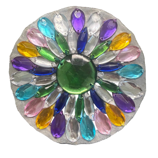 Round Multicolor Rhinestone Flower Appliqué – Rainbow Teardrop Petals 3.5"