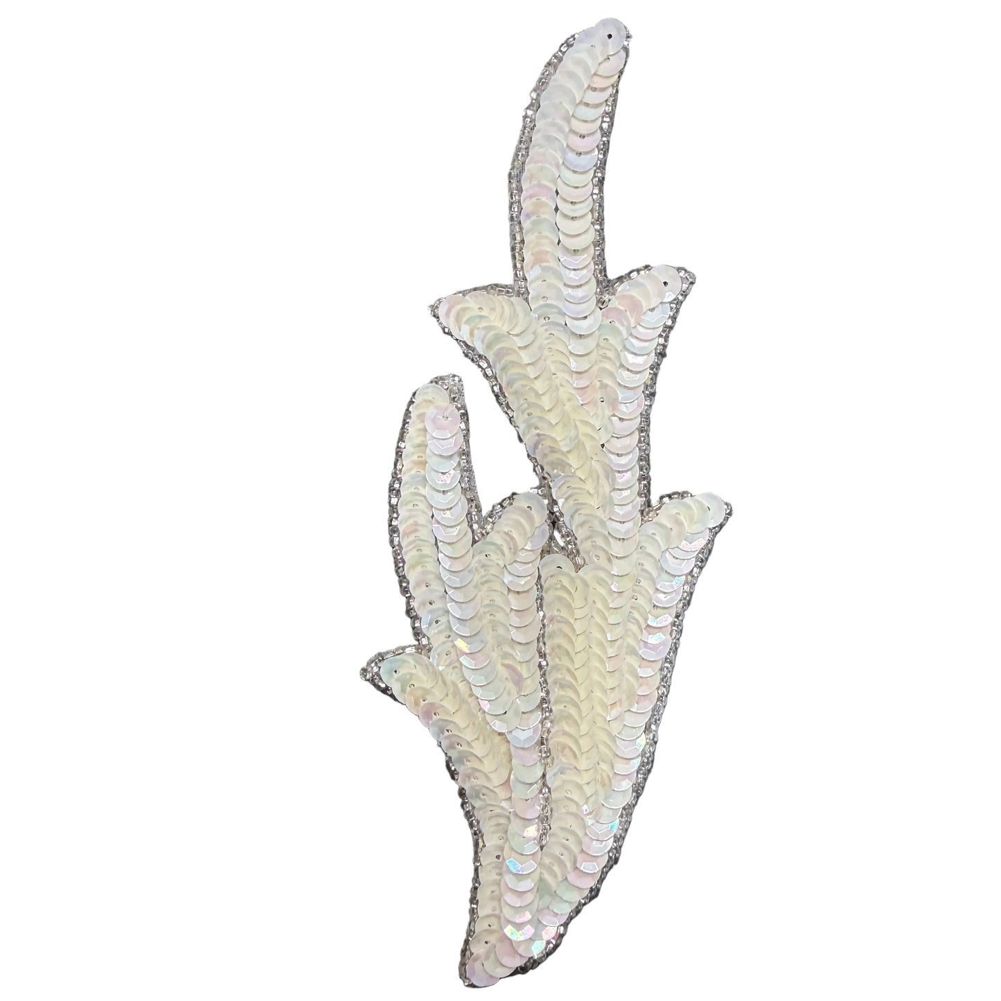 Leaf Pair Appliqué Pair or Single  -  Iridescent Ivory Sequins - Silver Glass Beads 7" x 2.5"