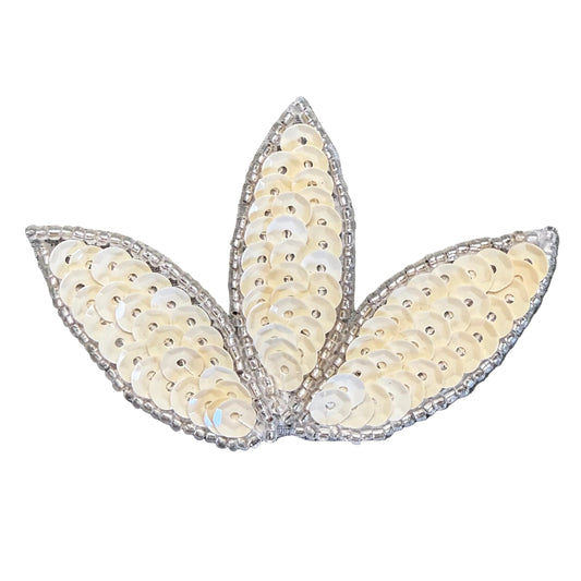 Triple Leaf Appliqué - Ivory Sequins - Silver Glass Beads 3.25" x 2"