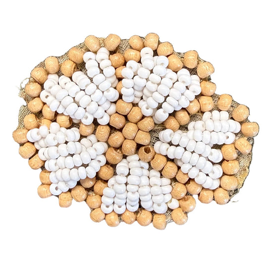 Flower Appliqué - White Glass Beads - Tan Wood Beads 2" x 1.5"
