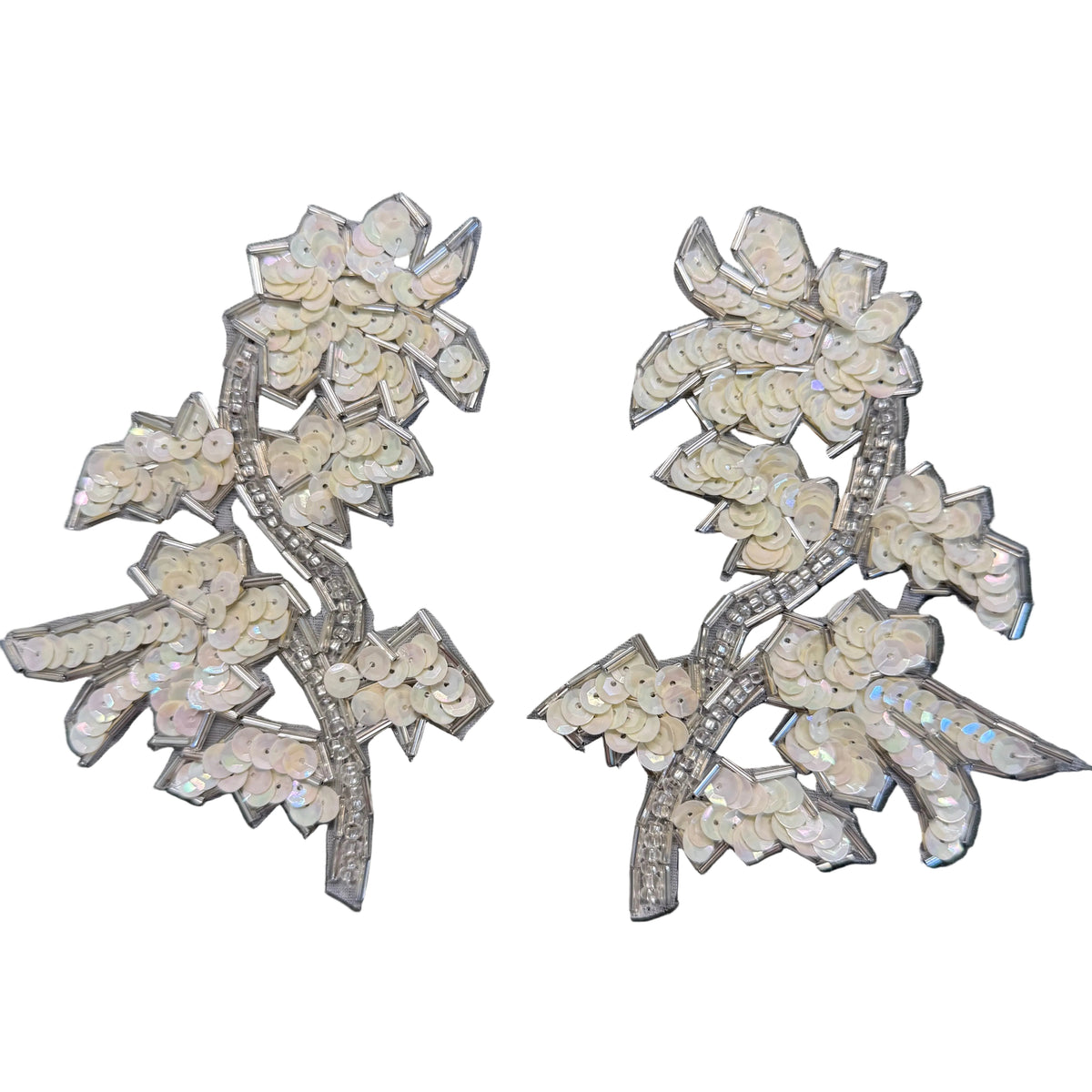 Flower Pair Appliqué - Iridescent Ivory Sequins - Silver Glass Beads 5" X 4"