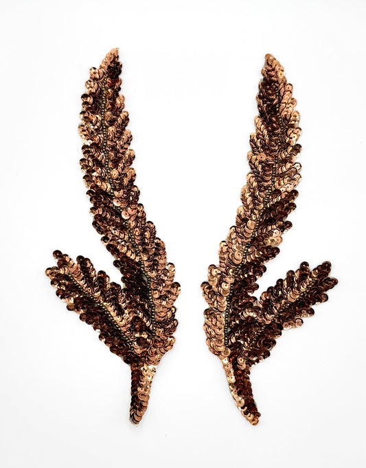 Seaweed Leaf Pair with Bronze Sequins and Beads 8.5" x 3"