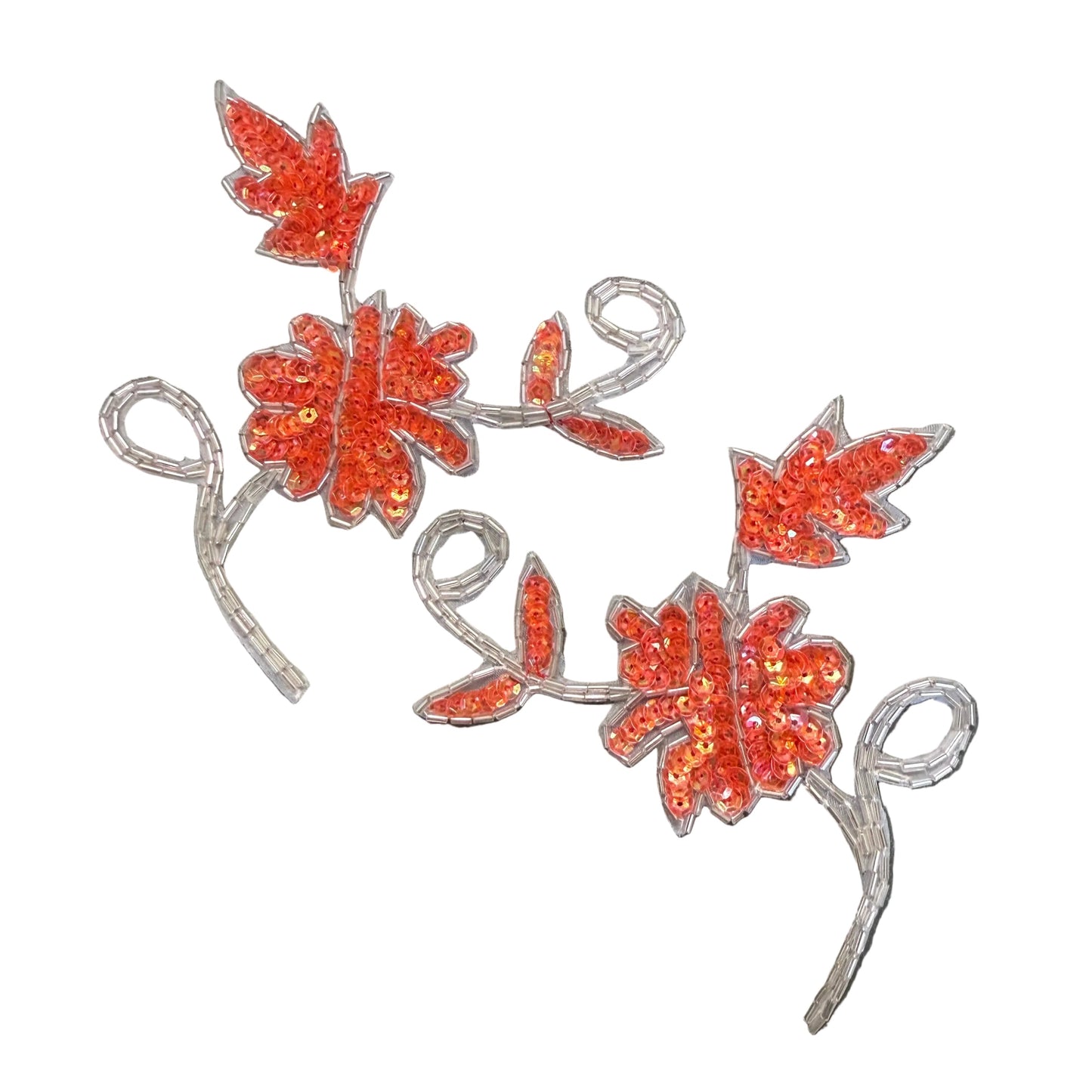 Flower Pair Appliqué  - Six Different Color Choice Sequins - Silver Beads 5" x 4.5"