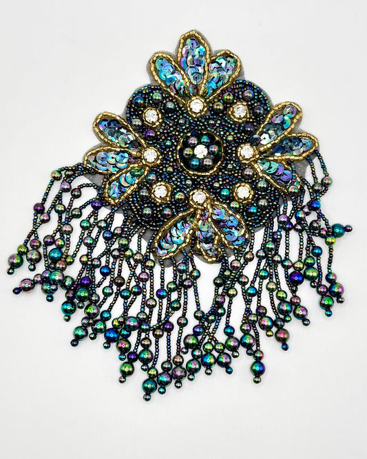 Epaulet with Moonlight, Navy and Gold Sequins & Beads and Rhinestones 7.5" x 5"