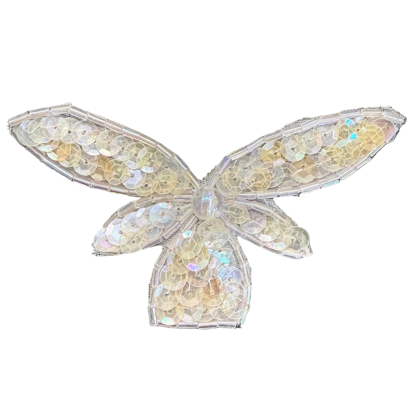 5-Petal Flower Appliqué – Iridescent White Sequins & Bugle Beads 4" x 2.5"