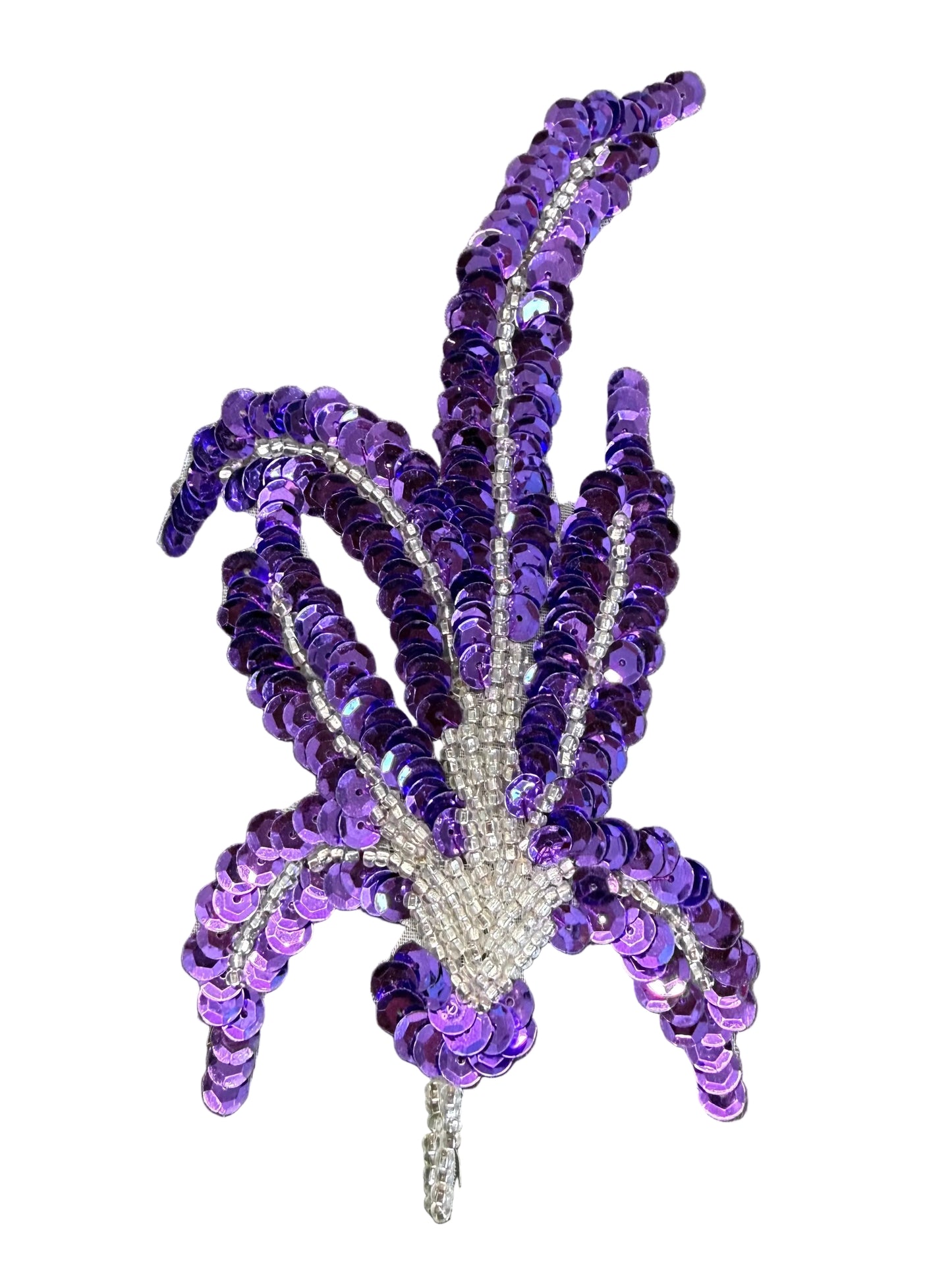 Flower Pair Appliqué - Purple Sequins - Silver Glass Beads 6.25" x 3.25"