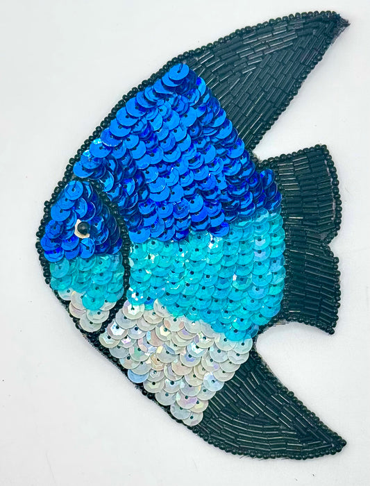 Saltwater Fish Appliqué with Blue, Turquoise, Iridescent White Sequins and Black Beads, 5.5" x 3.5"
