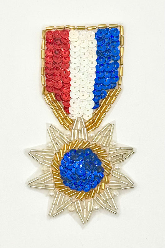 Red, White and Blue Sequin and Beaded Medal Appliqué  4.25" x 2.25"