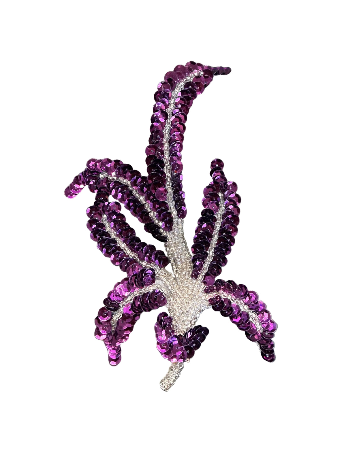 Maroon Sequin Leaf Appliqué – Pair or Single – Silver Glass Beads 6.25" x 3.25"