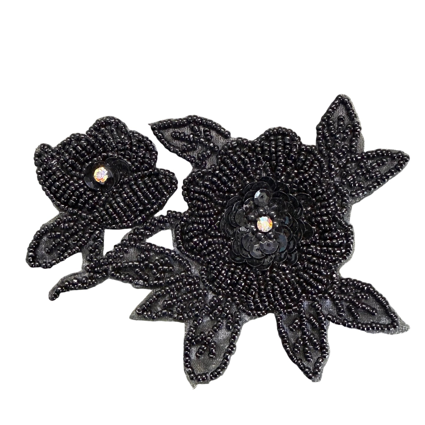 Black Flower Sequin Appliqué – Black Sequins, Beads & Rhinestones 4.75" x 3.75"