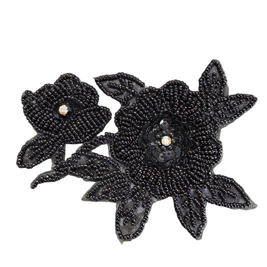 Black Flower Sequin Appliqué – Black Sequins, Beads & Rhinestones 4.75" x 3.75"