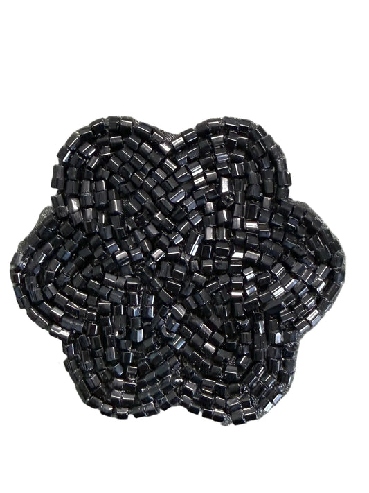 Black Flower Beaded Appliqué – Black Glass Beads 1.75"