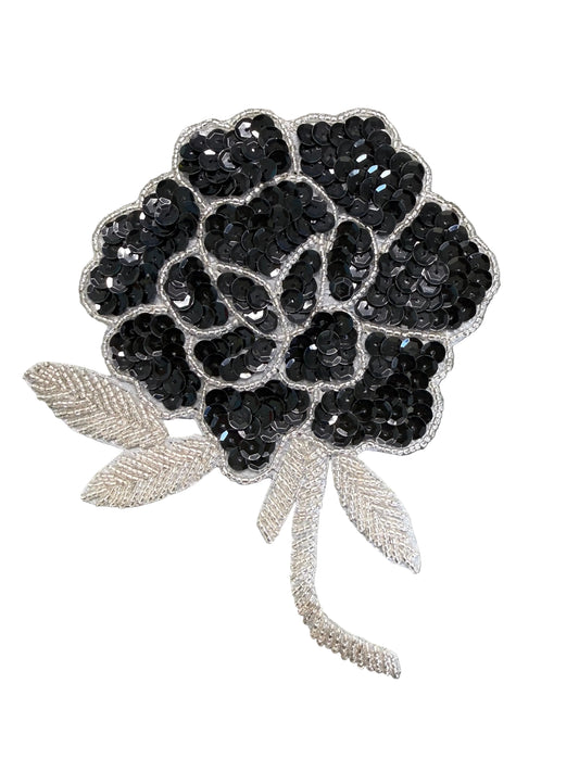 Black & Silver Rose Sequin Appliqué – Sequins & Glass Beads 6" x 5"