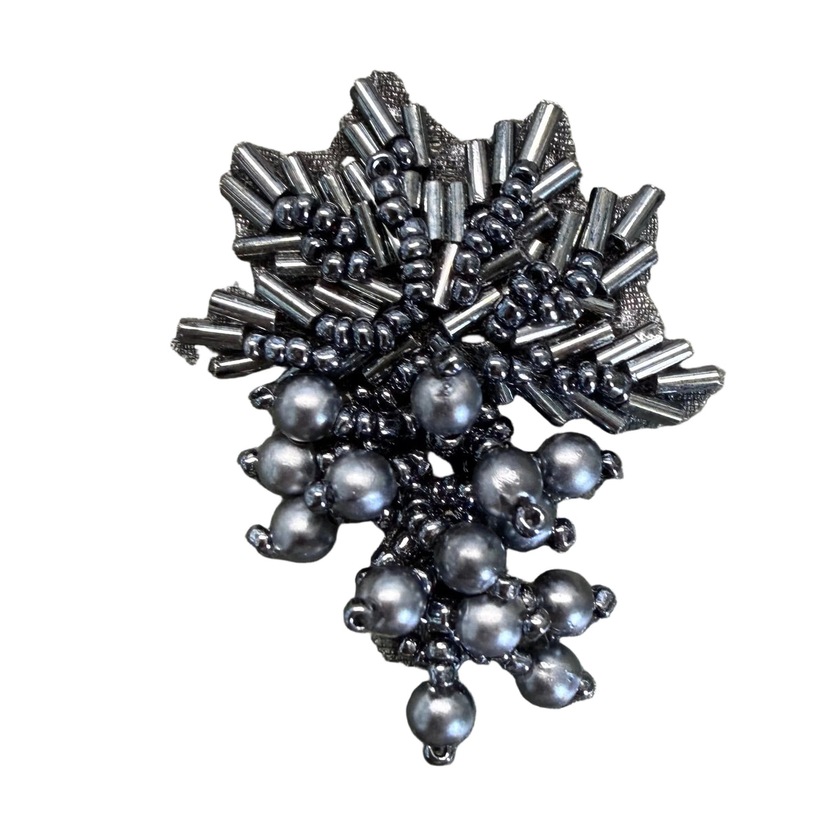 Charcoal Beaded Leaf Cluster Appliqué with Grey Pearls, Bugle and Glass Beads  2" x 1.5"