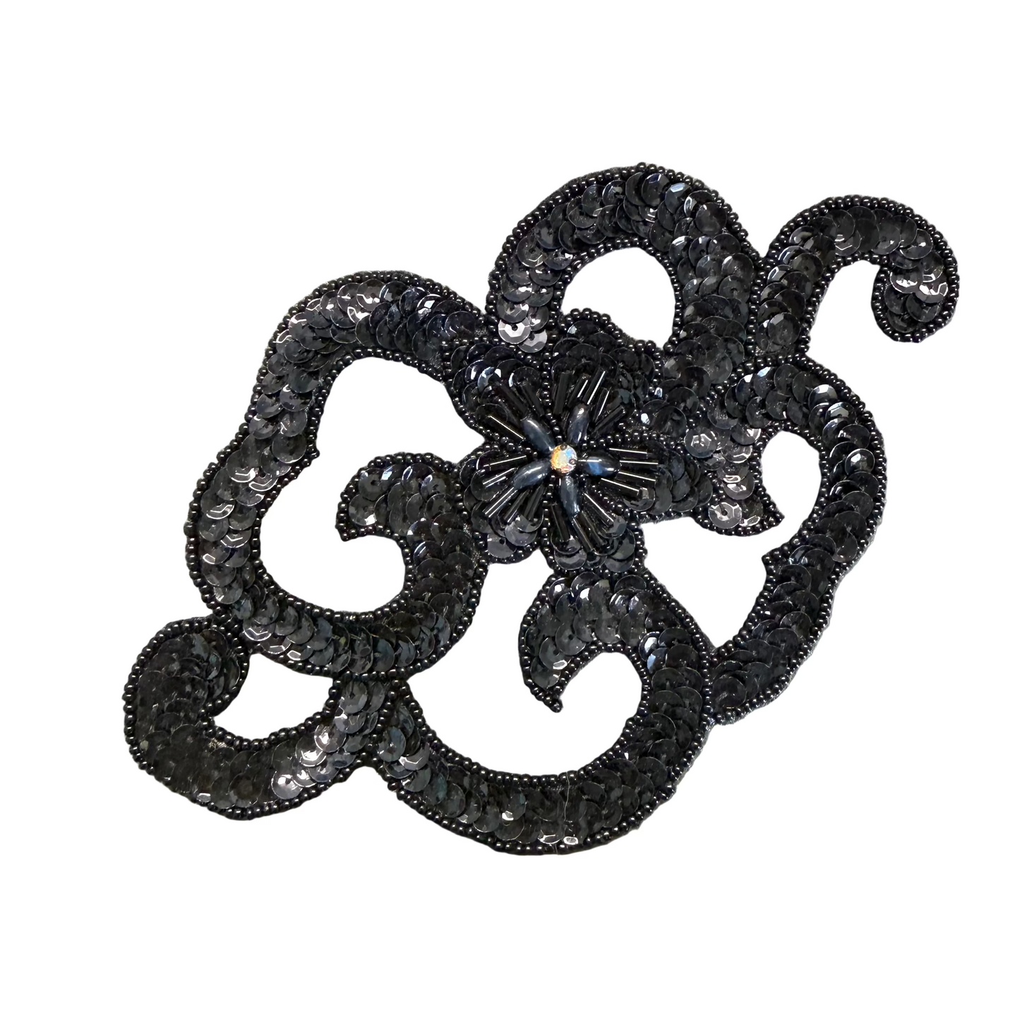 Black Sequin Baroque Scroll Flower Appliqué with Bugle Beads & AB Rhinestone 6.25" x 4"