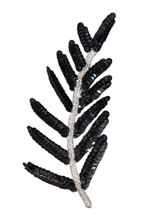 Black Sequin & Silver Glass Bead Leaf Appliqué 6.5" x 3"