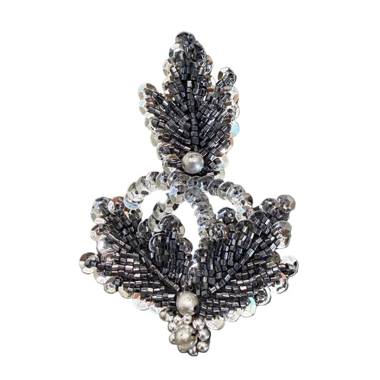 Silver & Grey Beaded Sequin Leaf Appliqué 3.25" x 2.25"