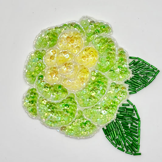 Hand-sewn Flower Appliqué with Lime Green and Yellow Sequins and Green Beaded Leaves 6" x 5"