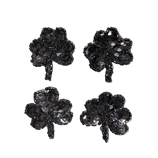 Black Sequin & Bead Four-Leaf Clover Appliqué Set of 4 – 1.5"