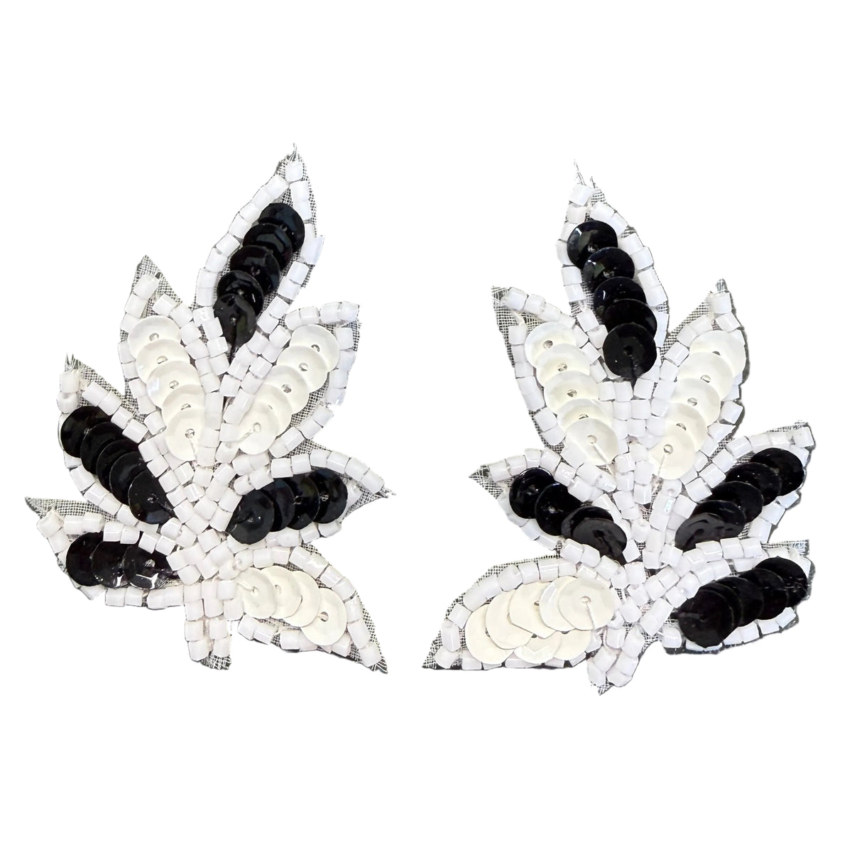 Black & White Sequin Leaf Appliqué with White Beads 2" x 1.5" – Pair or Single