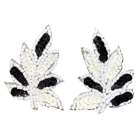 Par de Hojas - Lentejuelas Blancas/Negras - Cuentas Blancas 5.08 cm x 3.81 cm